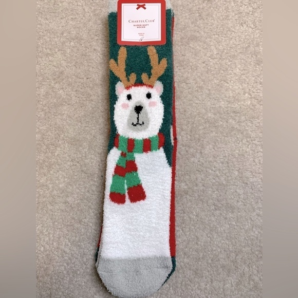 NWT 2pair Charter Club Christmas Polar Bear Theme Socks Women Shoe Size 6-10 - Picture 3 of 5